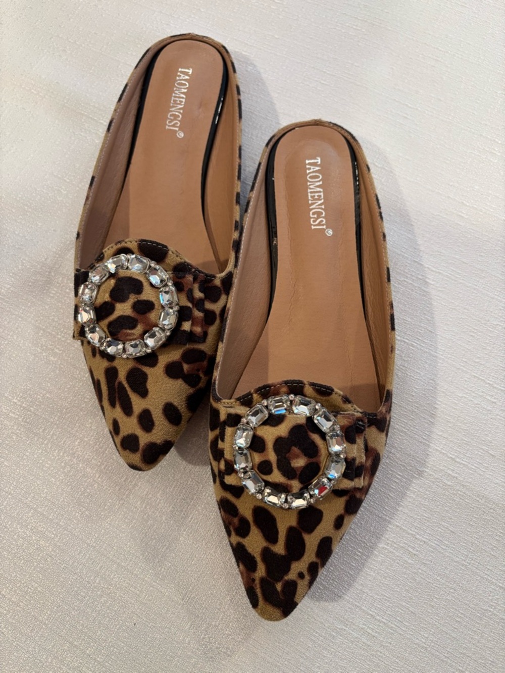 Leopard Print Pointed Slip-On Flats with Jeweled Buckle, Chic and Preppy, 9.5